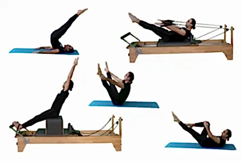 Reformer ve mat üzerinde yapılan çeşitli klinik pilates hareketleri